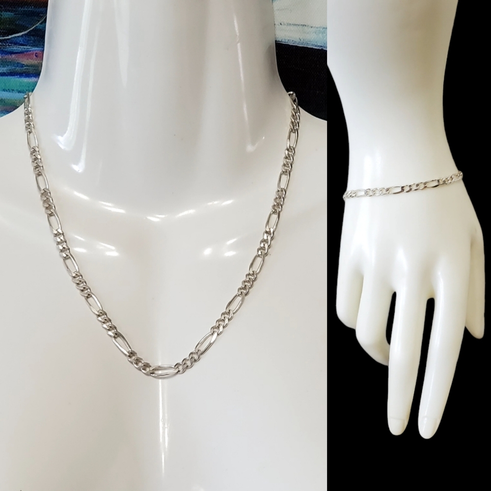 Solid 925 Sterling Silver Figaro Chain Set Italy 18” 5mm Necklace 7.25” Bracelet